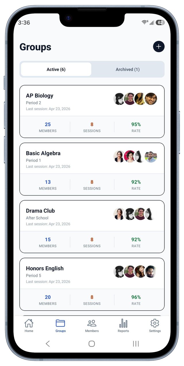 Attenda groups list showing classes and clubs