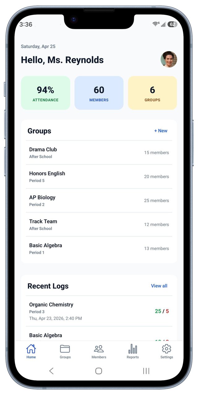 Attenda home screen showing groups, attendance rate, and recent activity