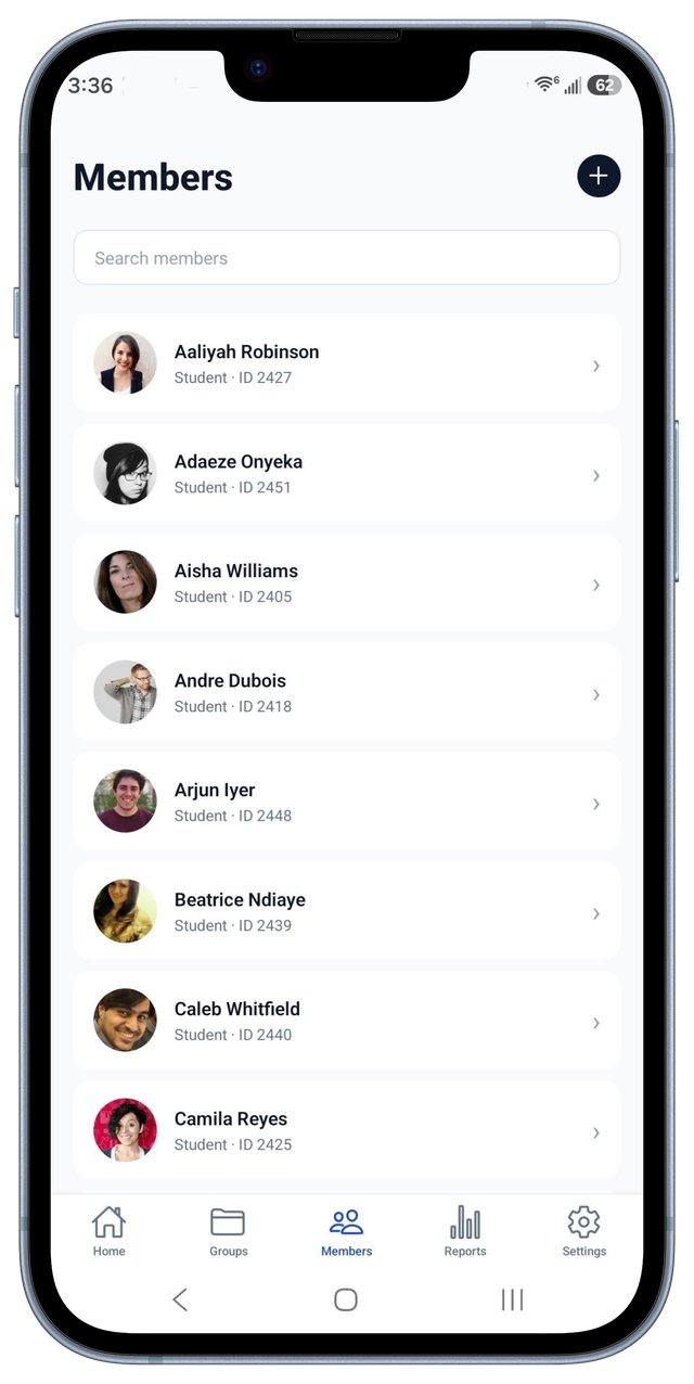 Attenda member list showing students within a group, sorted by attendance rate