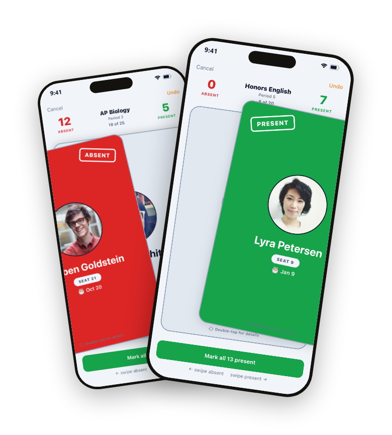 Attenda on two phones: one marking a student present with a green swipe card, the other marking a student absent with a red one.
