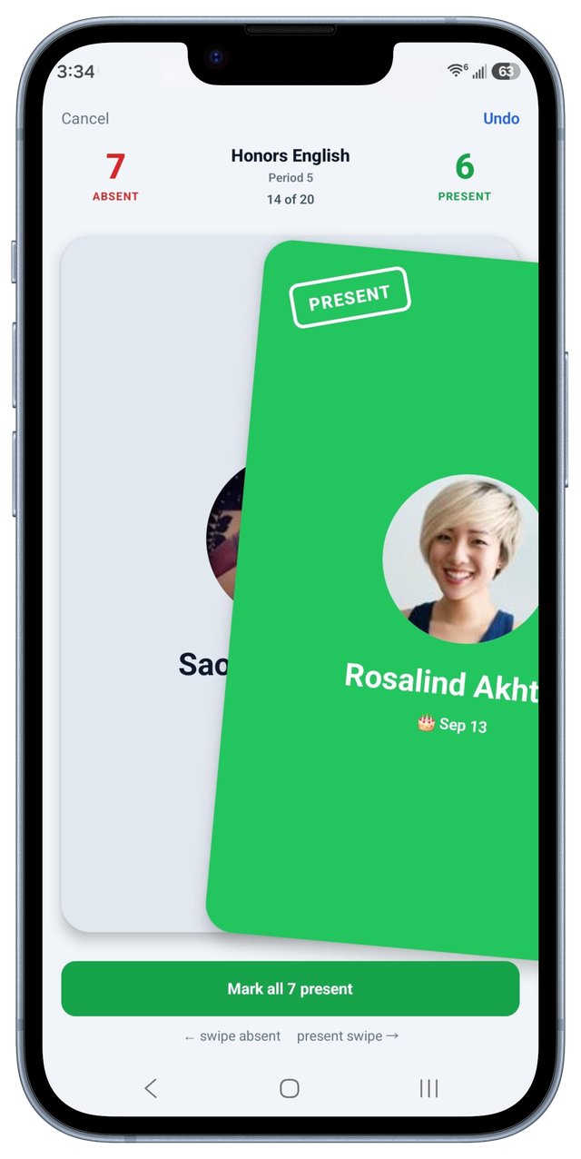 Attenda attendance-taking screen with member cards mid-swipe