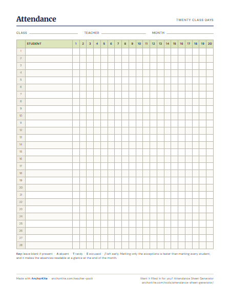 A monthly attendance grid with 28 student rows and 20 numbered day columns