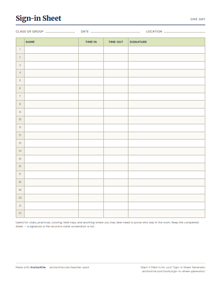 A daily sign-in sheet with name, time in, time out, and signature columns