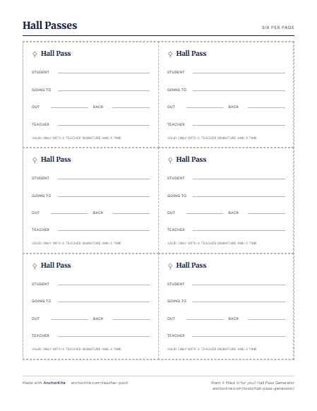 A sheet of six cut-out hall passes with fields for student, destination, and times