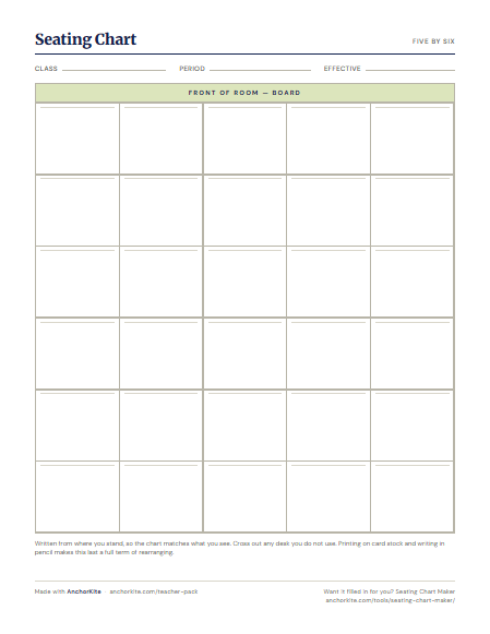 A blank five by six seating chart grid with the front of the room marked at the top
