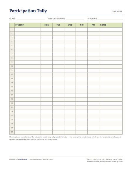 A weekly participation tally with a row per student and a column per weekday