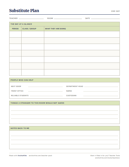 A substitute plan sheet with a period schedule, staff contacts, and notes sections