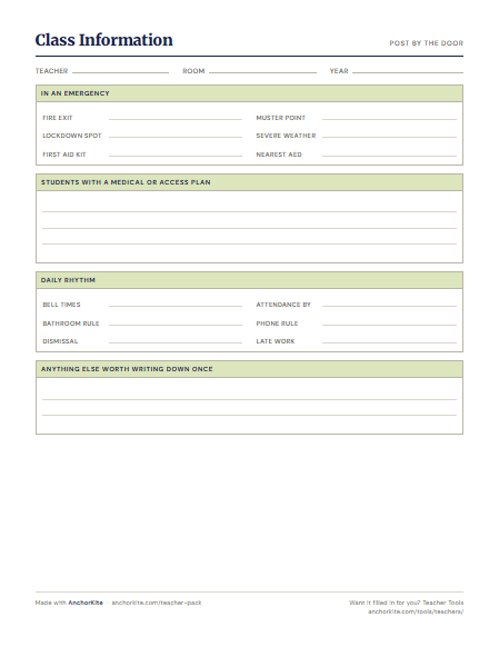 A class information card covering emergency procedures, medical plans, and daily routines