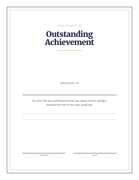 An unbranded certificate of outstanding achievement with signature and date lines