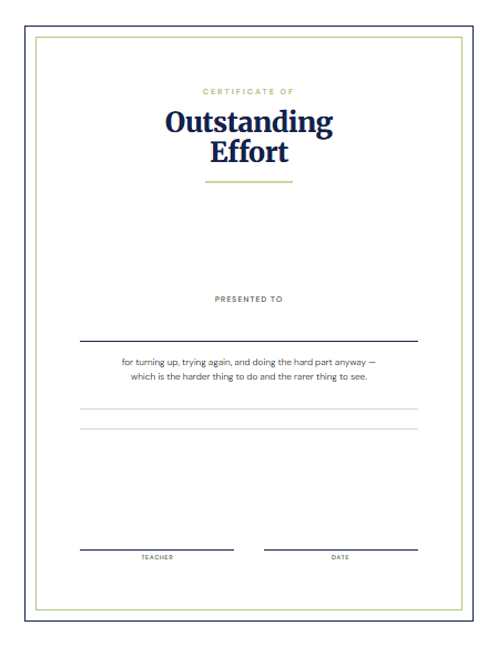 An unbranded certificate of outstanding effort with signature and date lines