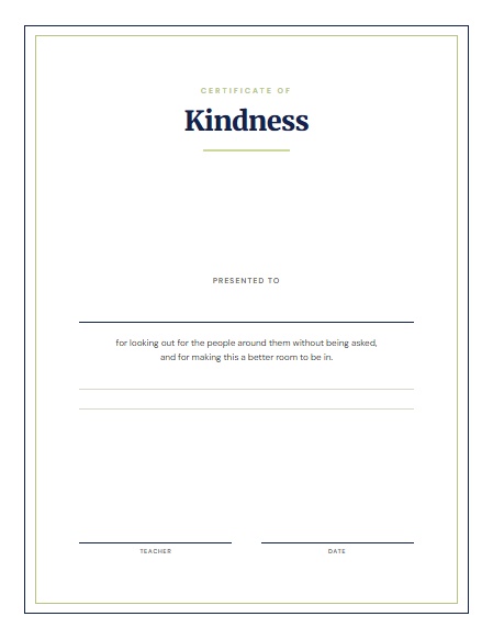 An unbranded certificate of kindness with signature and date lines