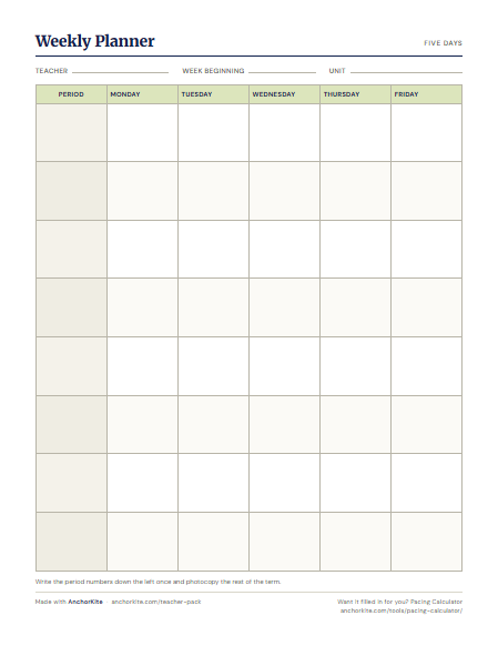 A weekly planner with eight period rows across five weekday columns